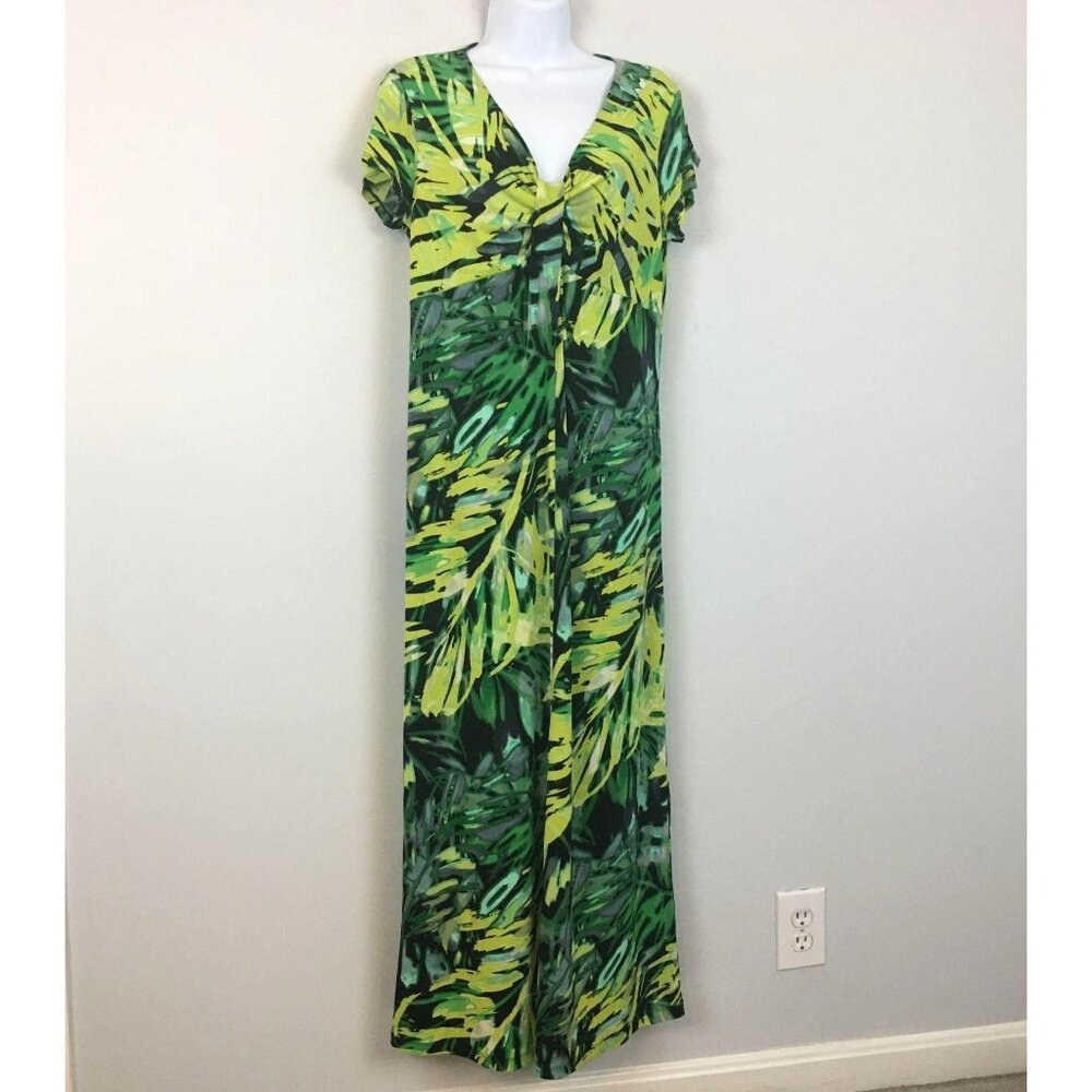 Kasper Womens Vintage MAXI Dress‎ Size M Green Black TROPICAL Flowy STRETCH